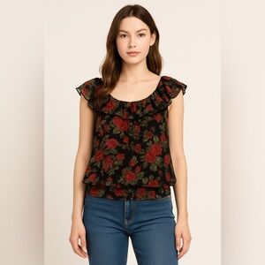 Suzy Shier Black Rose Sheer Ruffle Blouse Women’s Small Flutter Sleeve Romantic
